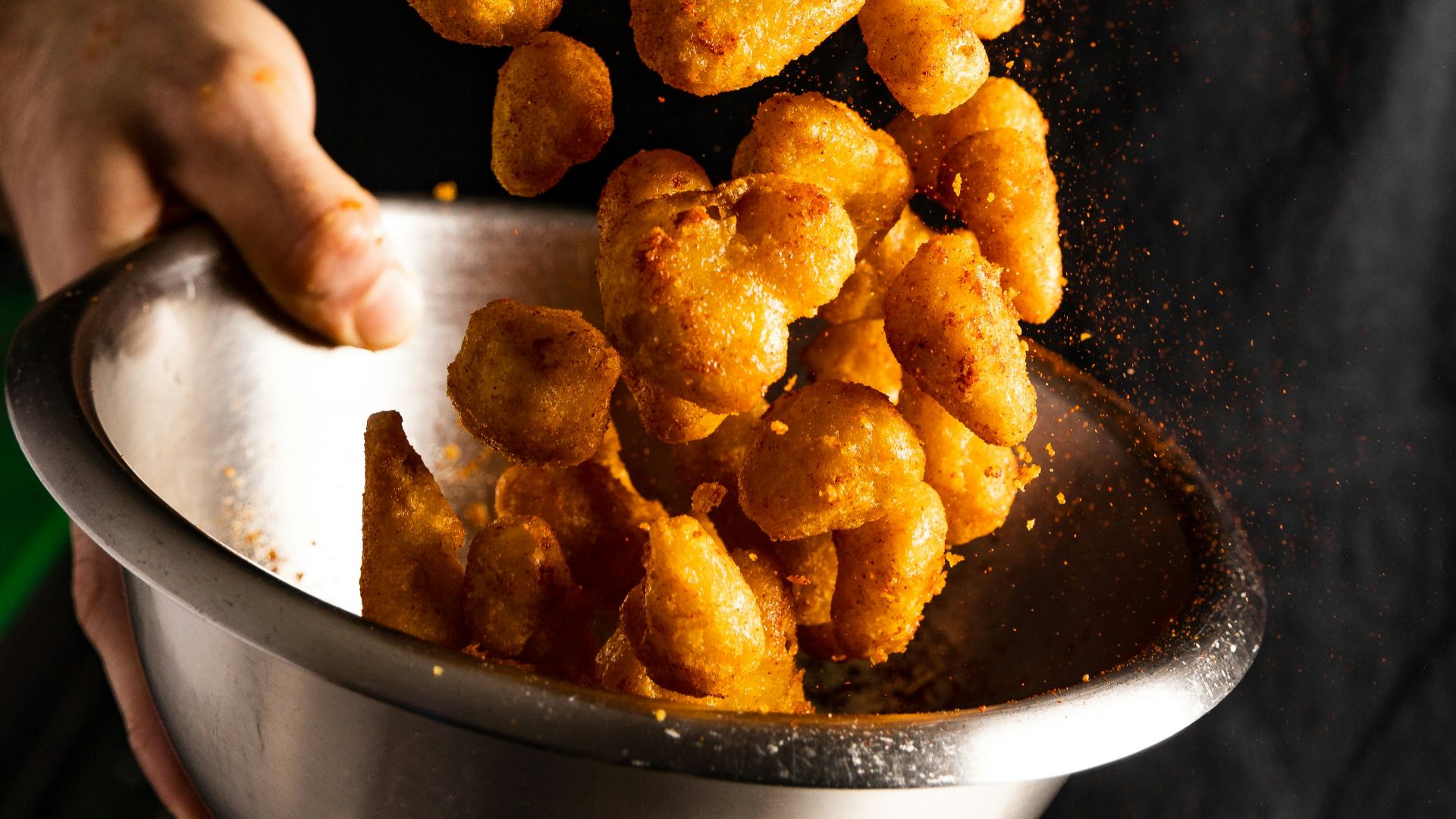 a person holding a bowl of fried food