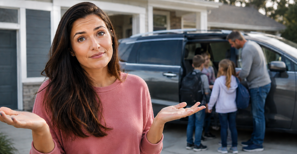 Woman with arms raised, standing beside minivan 