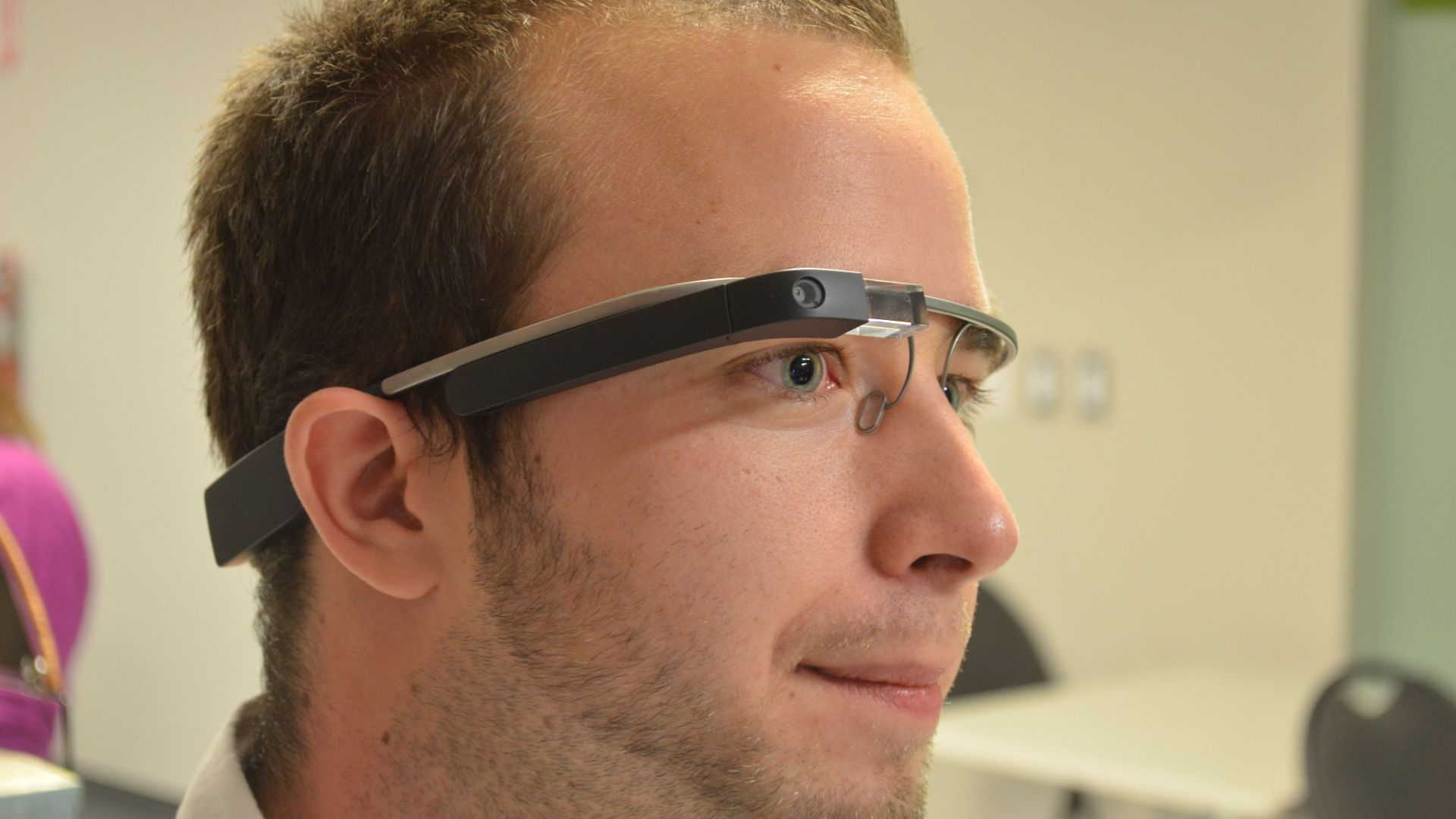 A gentleman wearing Google Glass at a Google Glass Meetup