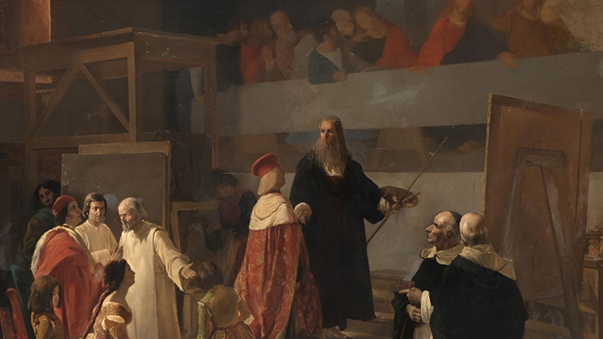 Ludovico il Moro in visita a Leonardo da Vinci nel Refettorio del Convento di Santa Maria delle Grazie, metà del XIX secolo. Cornienti Cherubino (1816-1860). Dietro il biondo Moro anche la duchessa Beatrice e il cardinale Ascanio ammirano assorti l'opera.