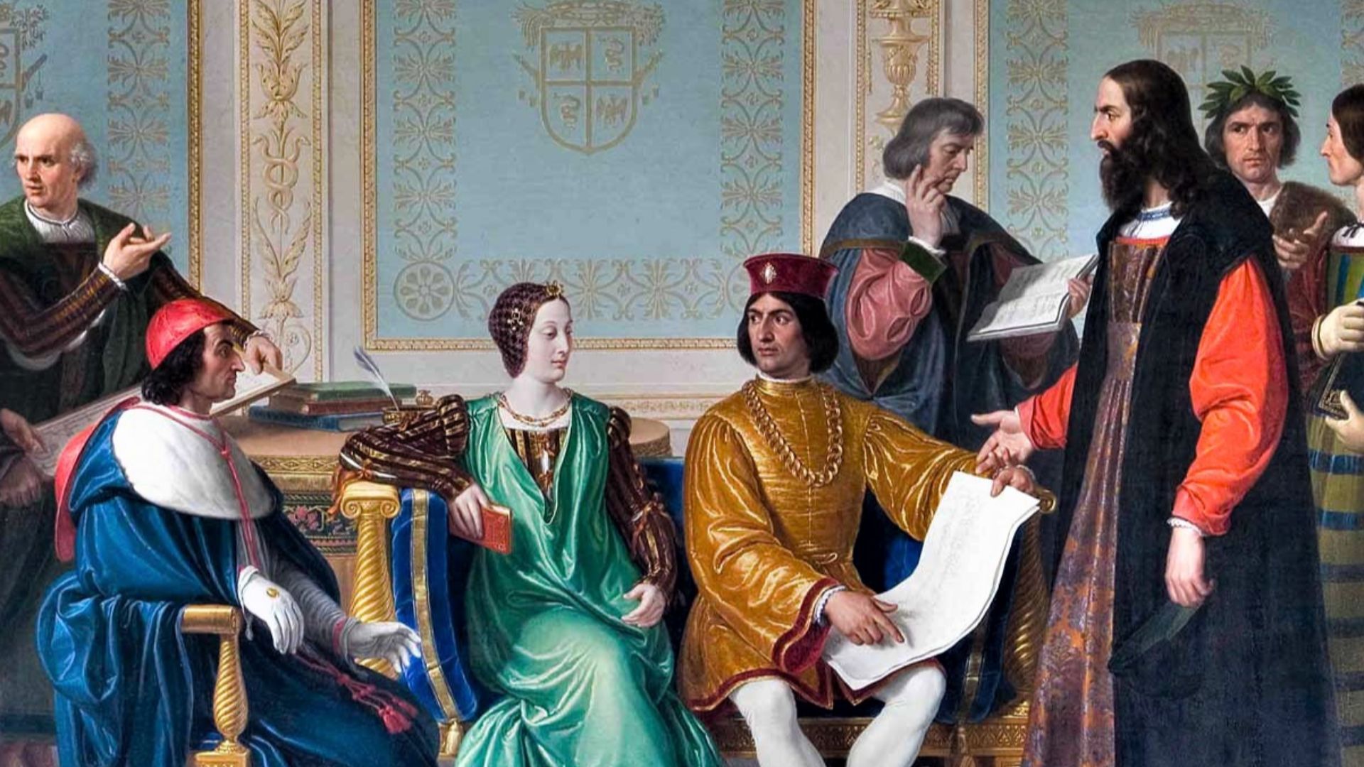 THE COURT OF LUDOVICO IL MORO by Giuseppe Diotti (1823). From the left: a page opens the door to the secretary Bartolomeo Calco. At the centre of the scene are seated Cardinal Ascanio, Duchess Beatrice and Duke Ludovico, to whom Leonardo da Vinci is showi