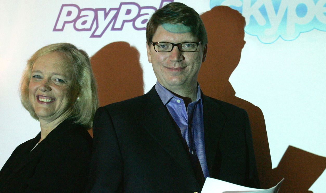 In this handout image provided by Ebay, President and Chief Executive Officer of eBay, Meg Whitman (L), poses with Niklas Zennstrom, CEO and Cofounder of Skype, the global Internet communications company September 12, 2005 in central London, England. Internet company eBay today announced its intention to acquire Skype, a voice over internet company for about $2.6 billion.