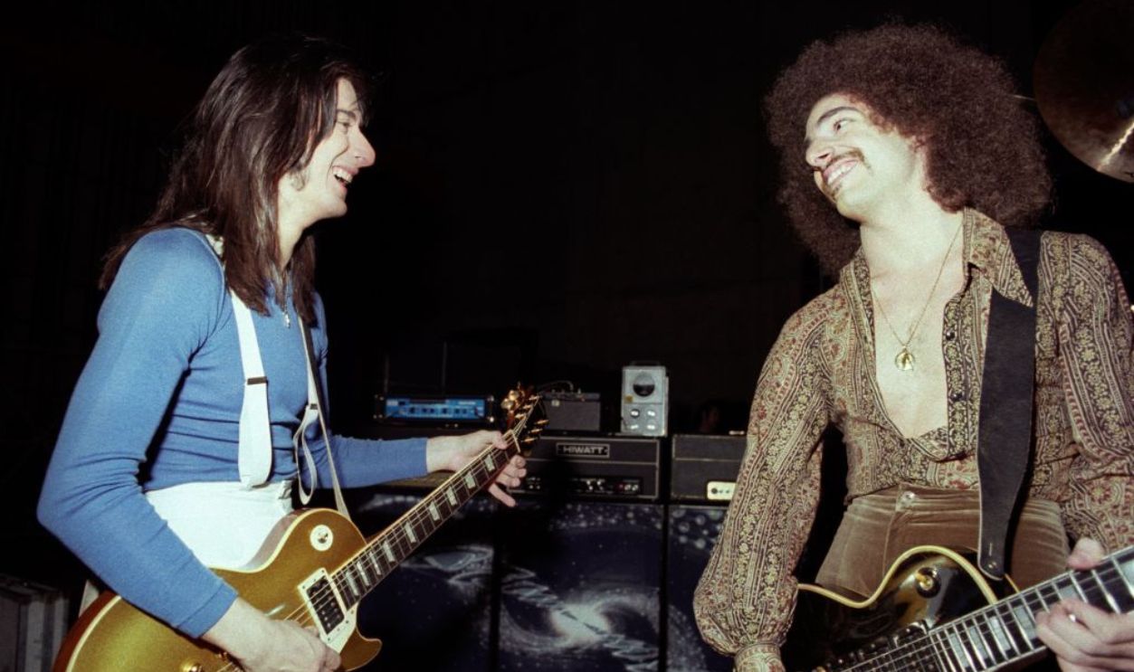 SAN FRANCISCO - JANUARY 7: Steve Perry and Neal Schon perform with Journey at a TV show taping at the Japan Center Theater in San Francisco - January 7, 1978.