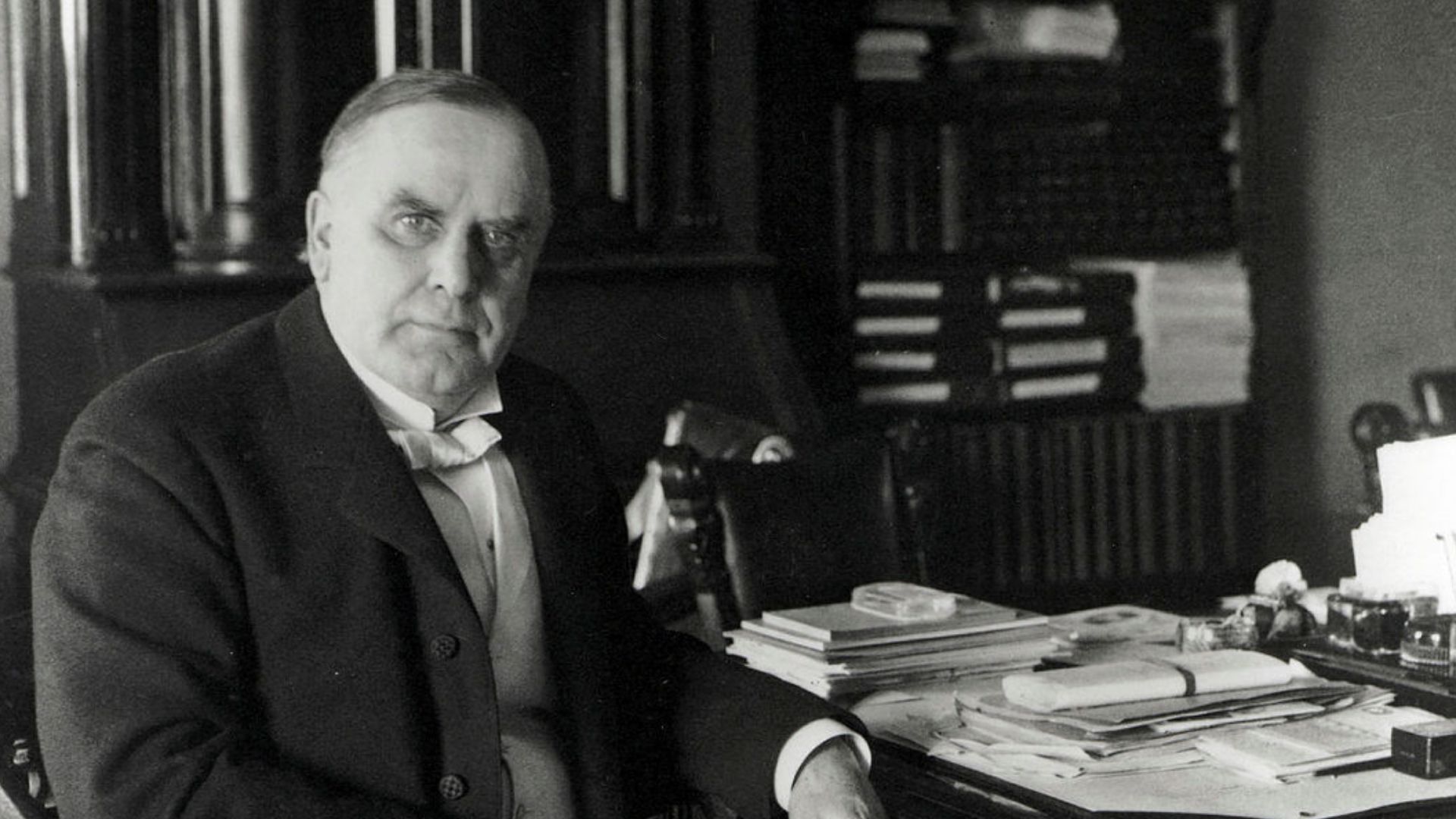 This portrait photograph by Frances Benjamin Johnston shows President William McKinley seated at his desk in the Treaty Room. The Treaty Room, also historically called the Cabinet Room, is located in the Second Floor residence of the Executive Mansion. Th
