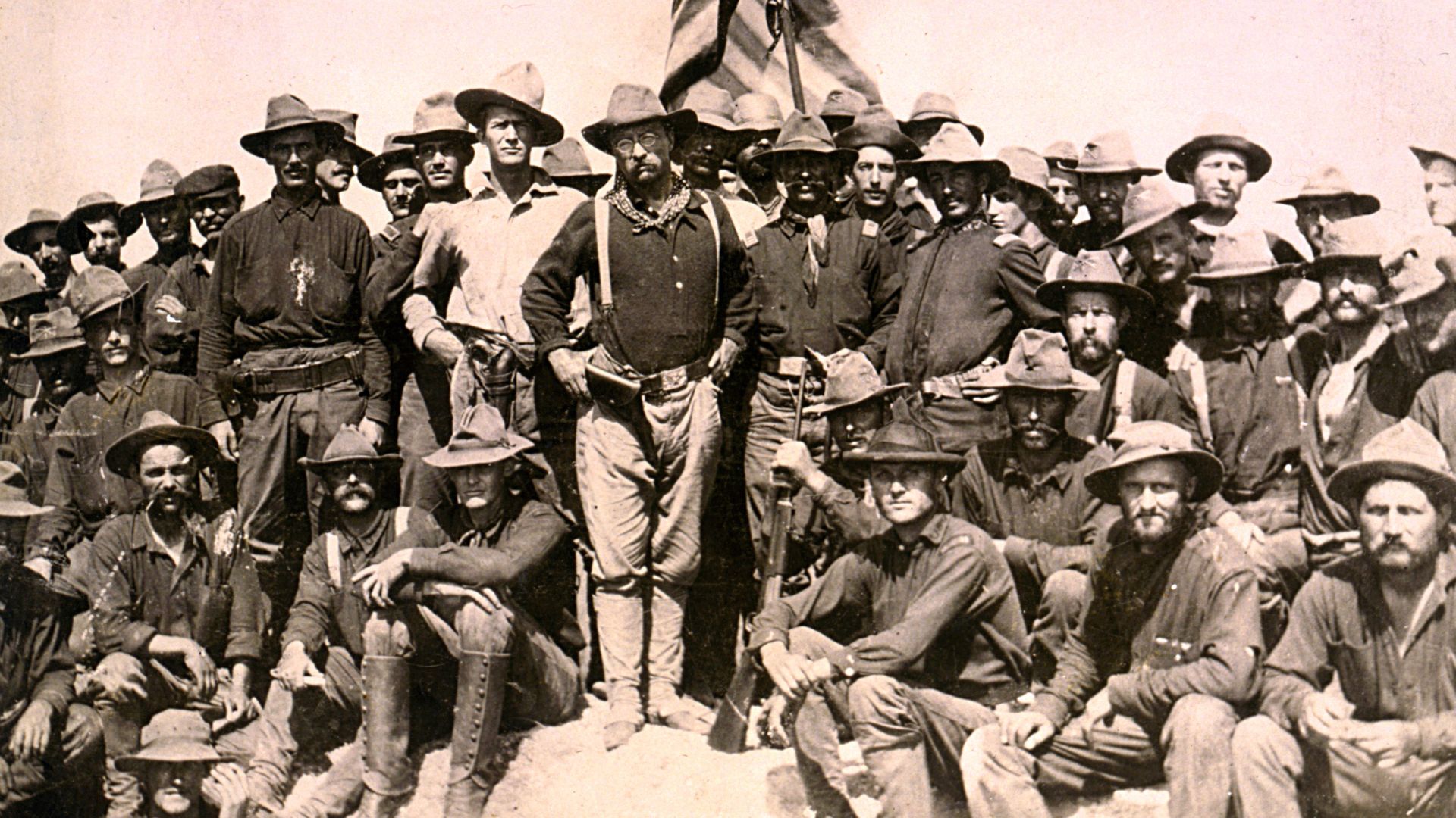 “Colonel Roosevelt and his Rough Riders at the top of the hill which they captured, Battle of San Juan”