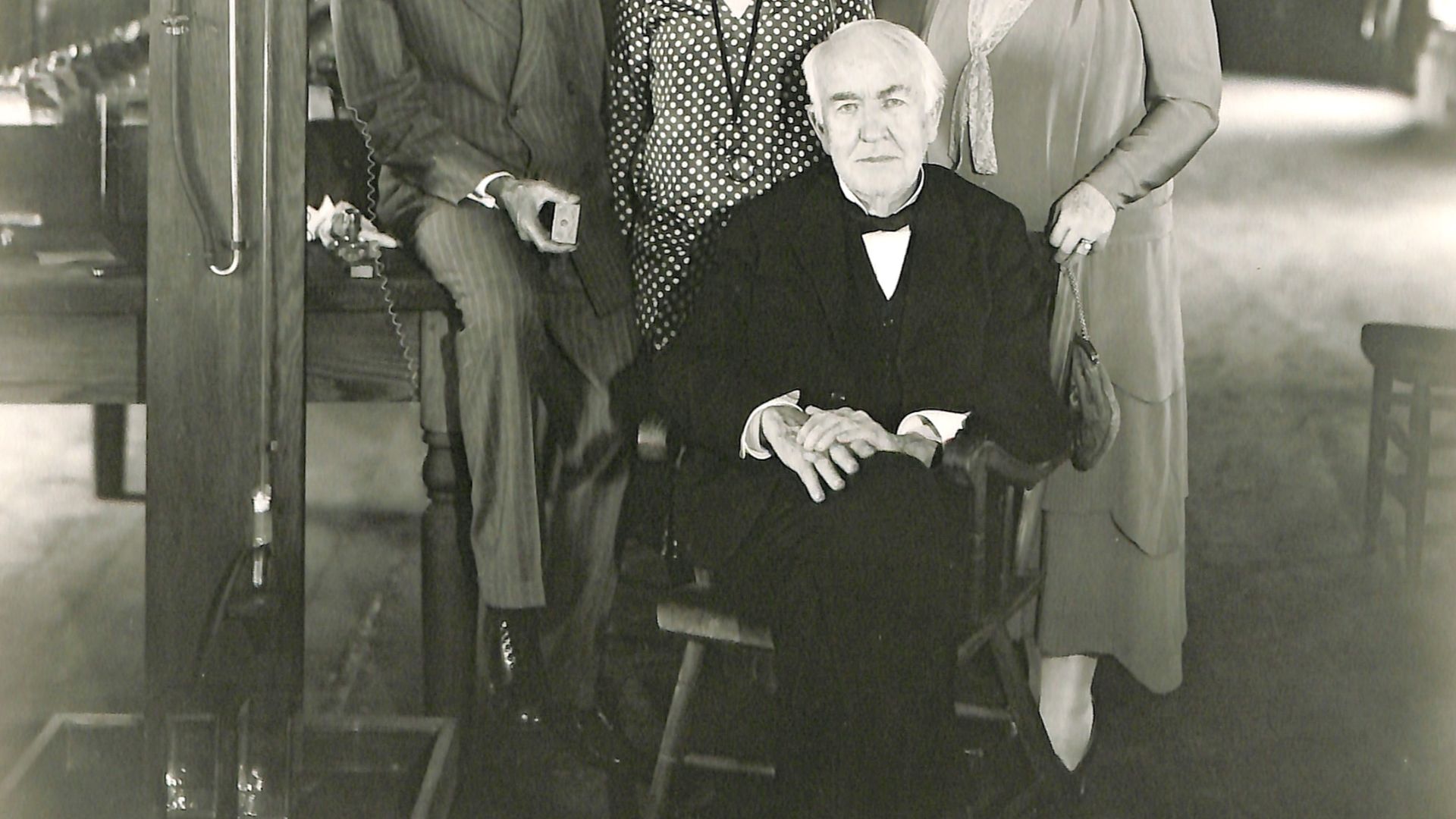 Thomas Edison, Mina Edison, Henry Ford, and Clara Jane Bryant Ford in reconstructed Menlo Park lab.
Keywords: thomas edison; mina miller edison; henry ford; menlo park; michigan; family; Edison; Thomas A.; (EDIS Historical Photo Series Name)