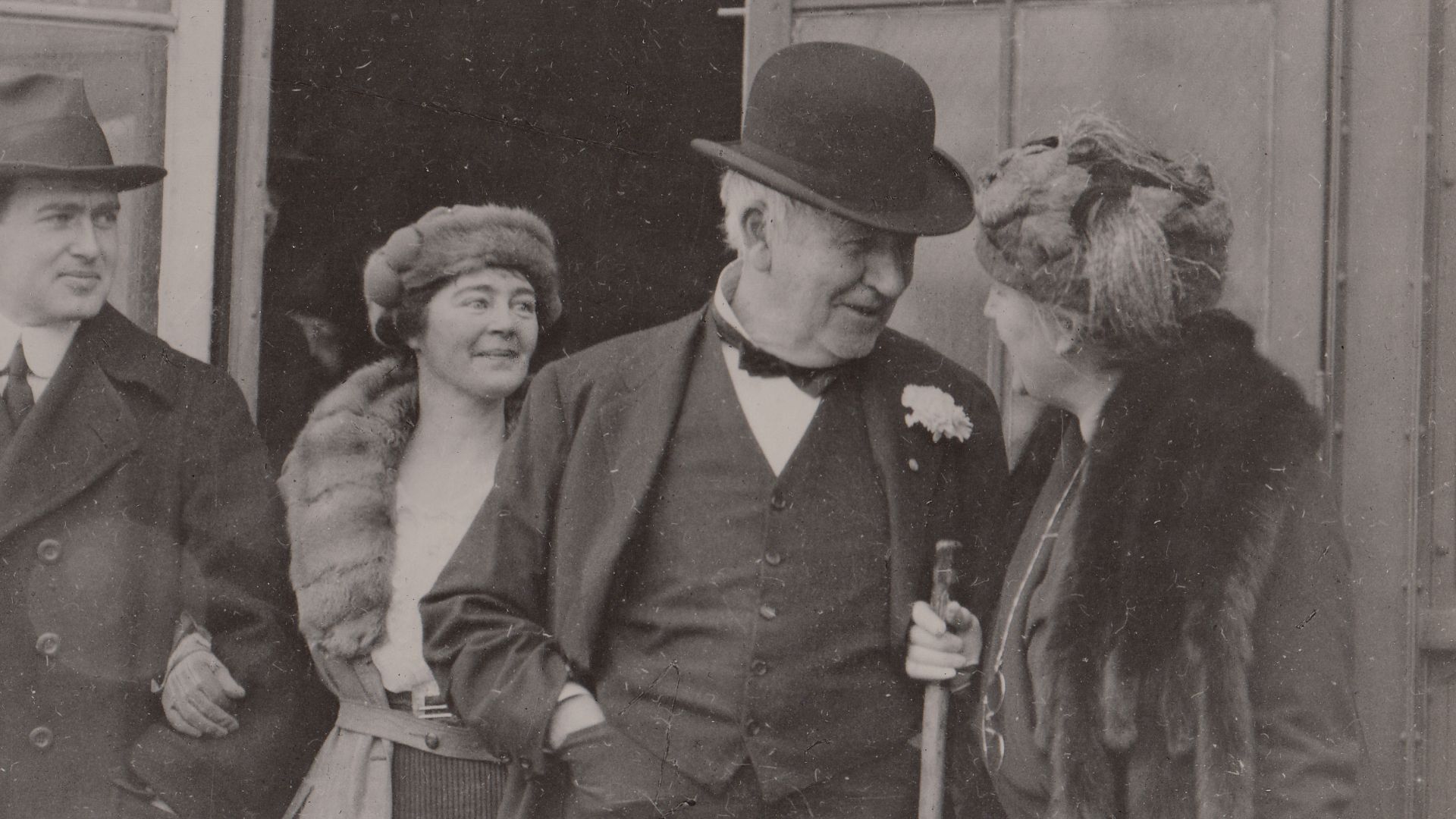 Thomas Edison and Mina Edison with Charles Edison, and Carolyn Edison at the door of Building 5 on Edison's 73rd birthday.
Keywords: thomas edison; mina miller edison; charles edison; carolyn edison; laboratory complex; building 5; building 5 exterior; bi