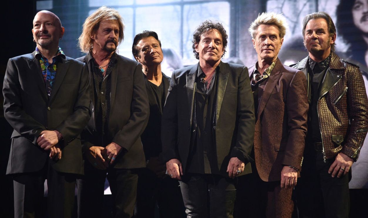 NEW YORK, NY - APRIL 07: Inductees Gregg Rolie, Steve Perry, Neal Schon, Ross Valory and Jonathan Cain of Journey speak onstage during the 32nd Annual Rock & Roll Hall Of Fame Induction Ceremony at Barclays Center on April 7, 2017 in New York City. The broadcast will air on Saturday, April 29, 2017 at 8:00 PM ET/PT on HBO.