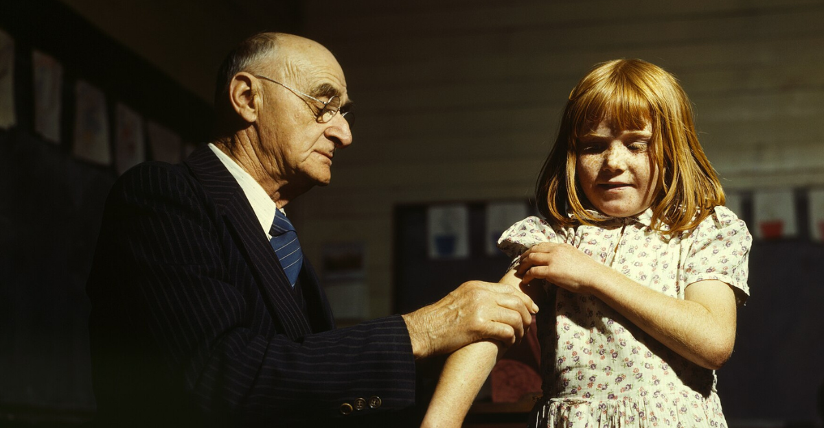 Dr. Schreiber of San Augustine giving a typhoid inoculation at a rural schoo