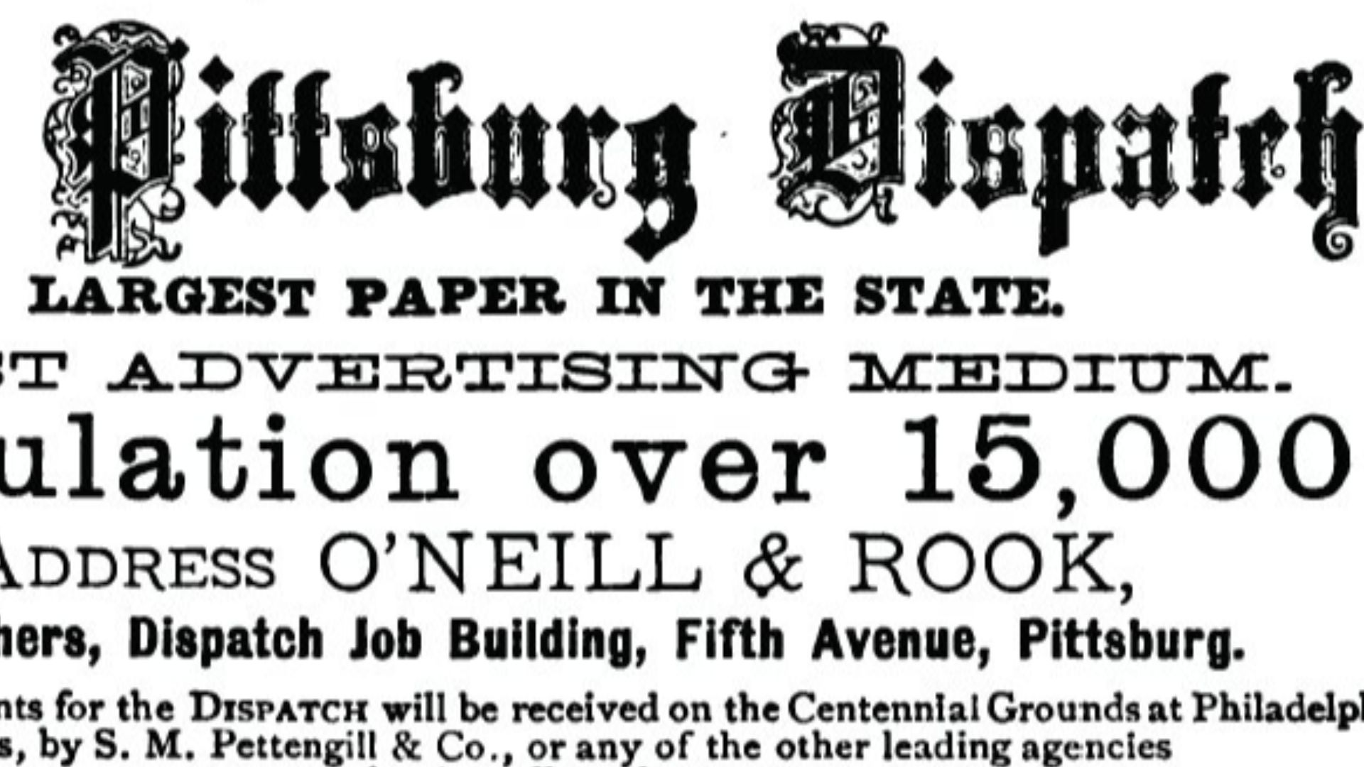 Advertisement for the Pittsburgh Dispatch newspaper from 1876