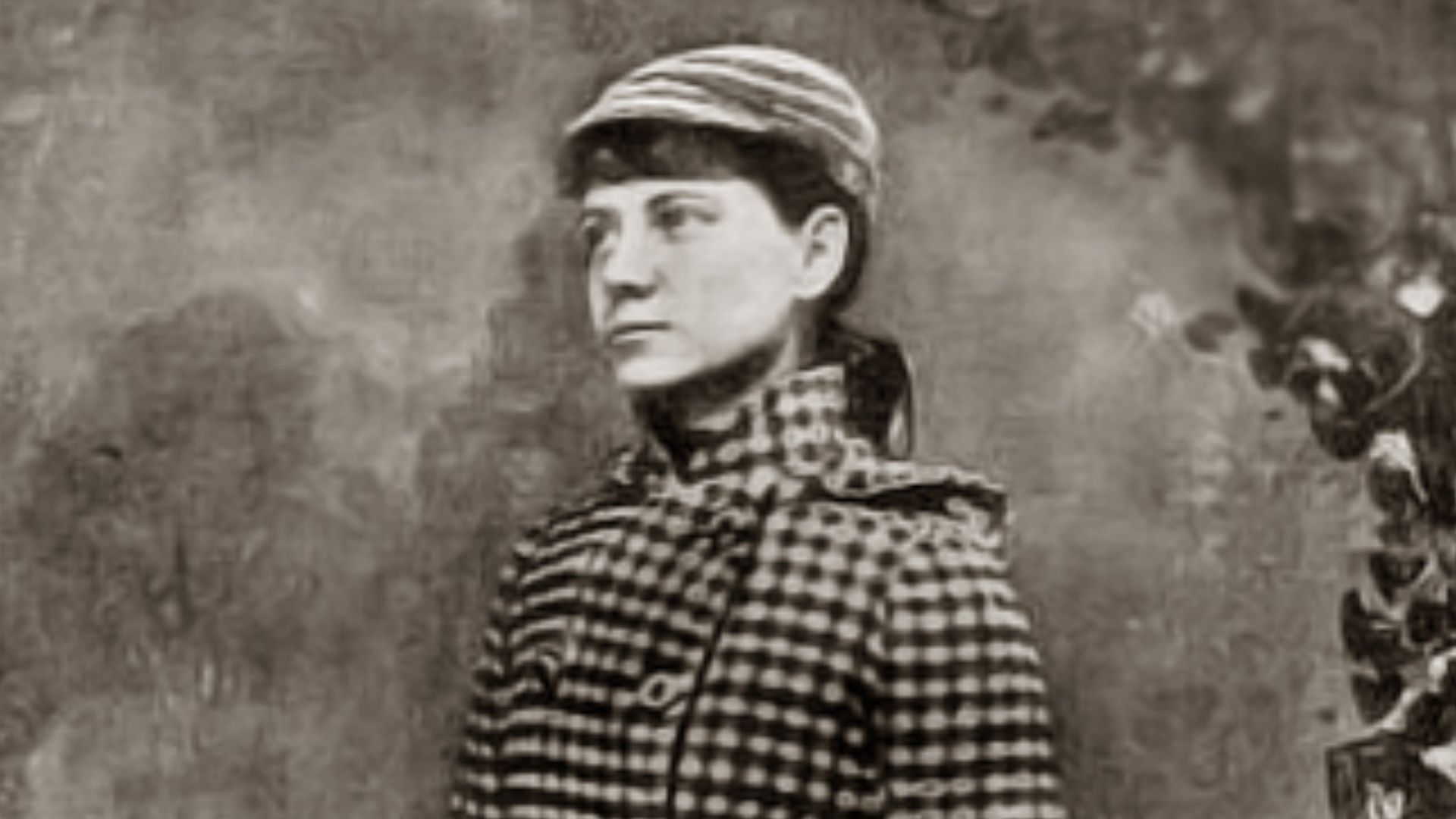 American journalist Nellie Bly, in a publicity photo for her around-the-world voyage. Caption on the original photo reads: