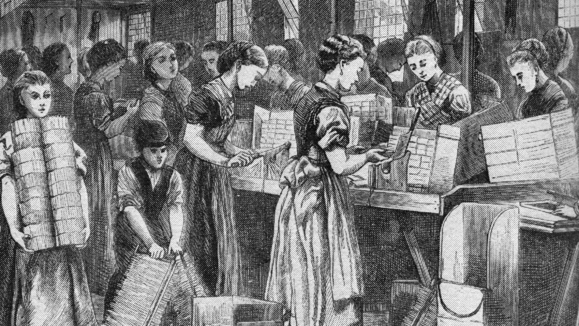 The Match-Makers at the East End. Illustration initialled H.J. From The Graphic, 20 May 1871.
Women working in a match factory in London in 1871.