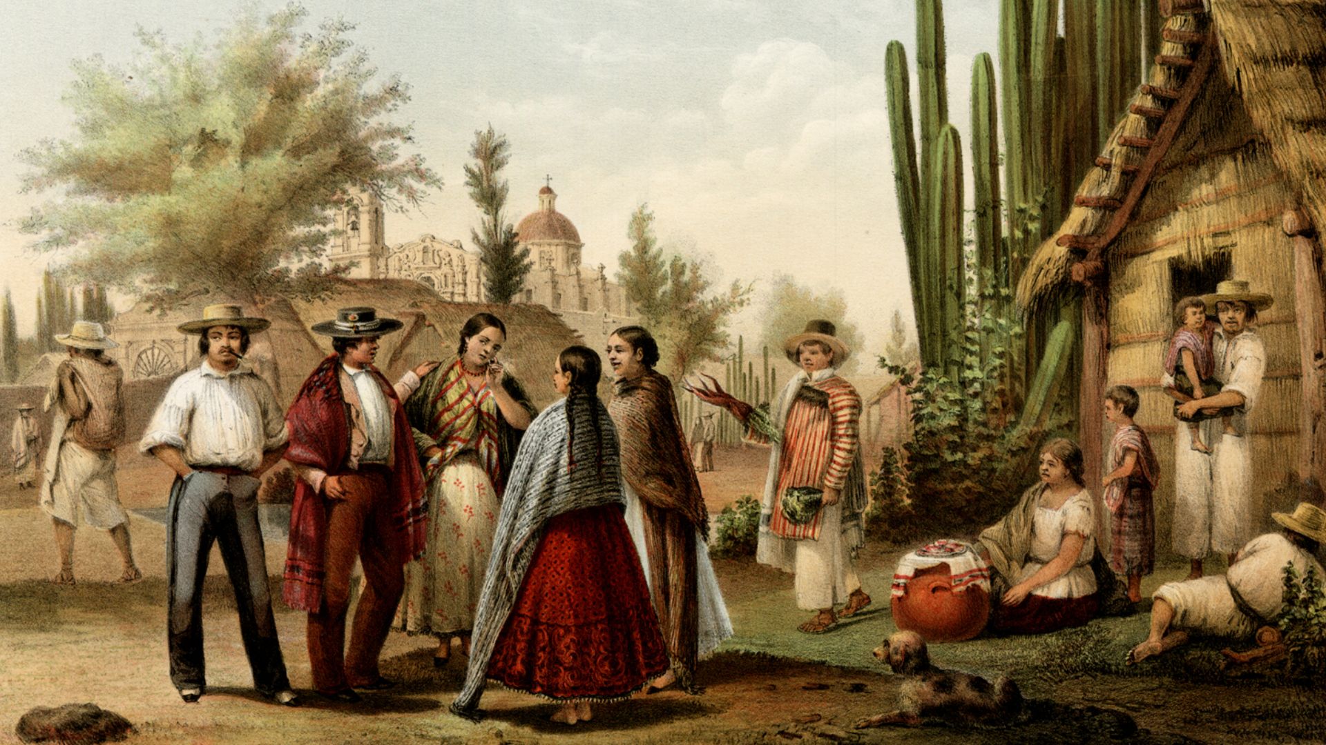 Clothing of typical Mexicans in a rural scene outside of Mexico City, from Mexico y Sus Alrededores. Coleccion de Monumentos, Trajes y Paisajes Dibujados al Natural y Lithografiados por los Artistas Mexicanos, publiished in Mexico City in 1855-1856.