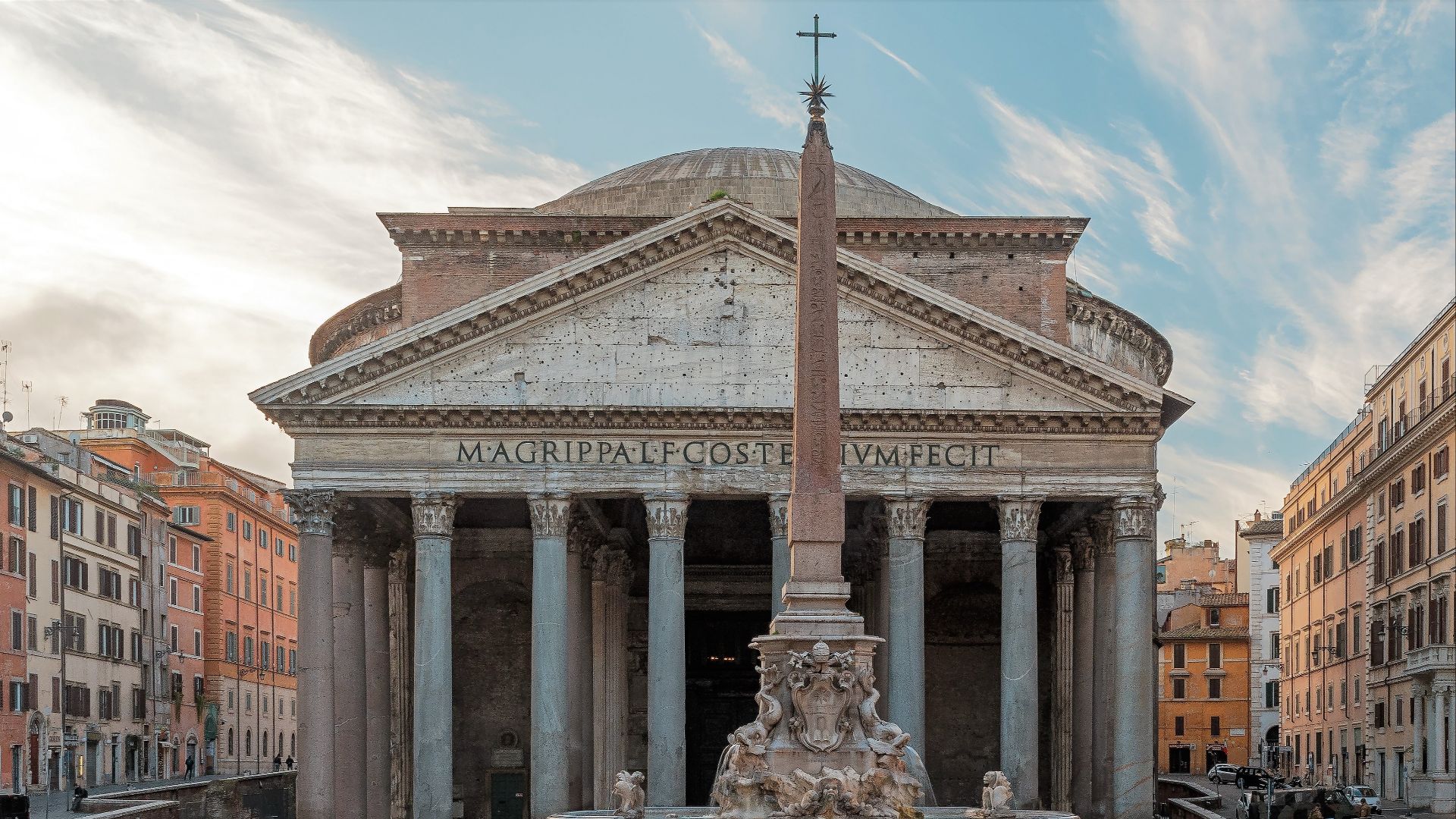 Pantheon in Rome (Italy) - Front view with the Piazza della Rotonda and the Fontana della Rotonda in front of it.