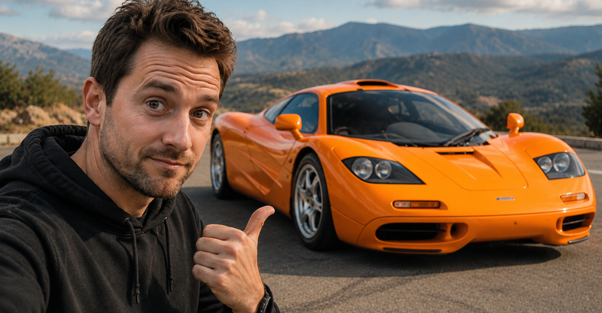 AI-generated image of a man with his thumb raised, next to an orange McLaren F1