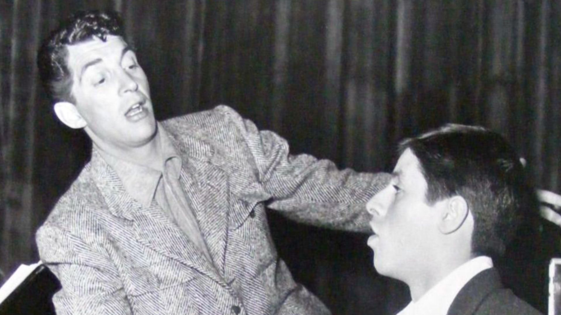 Photo of Dean Martin and Jerry Lewis circa 1950-1955 from the television program The Colgate Comedy Hour. This appears to be a rehearsal photo.