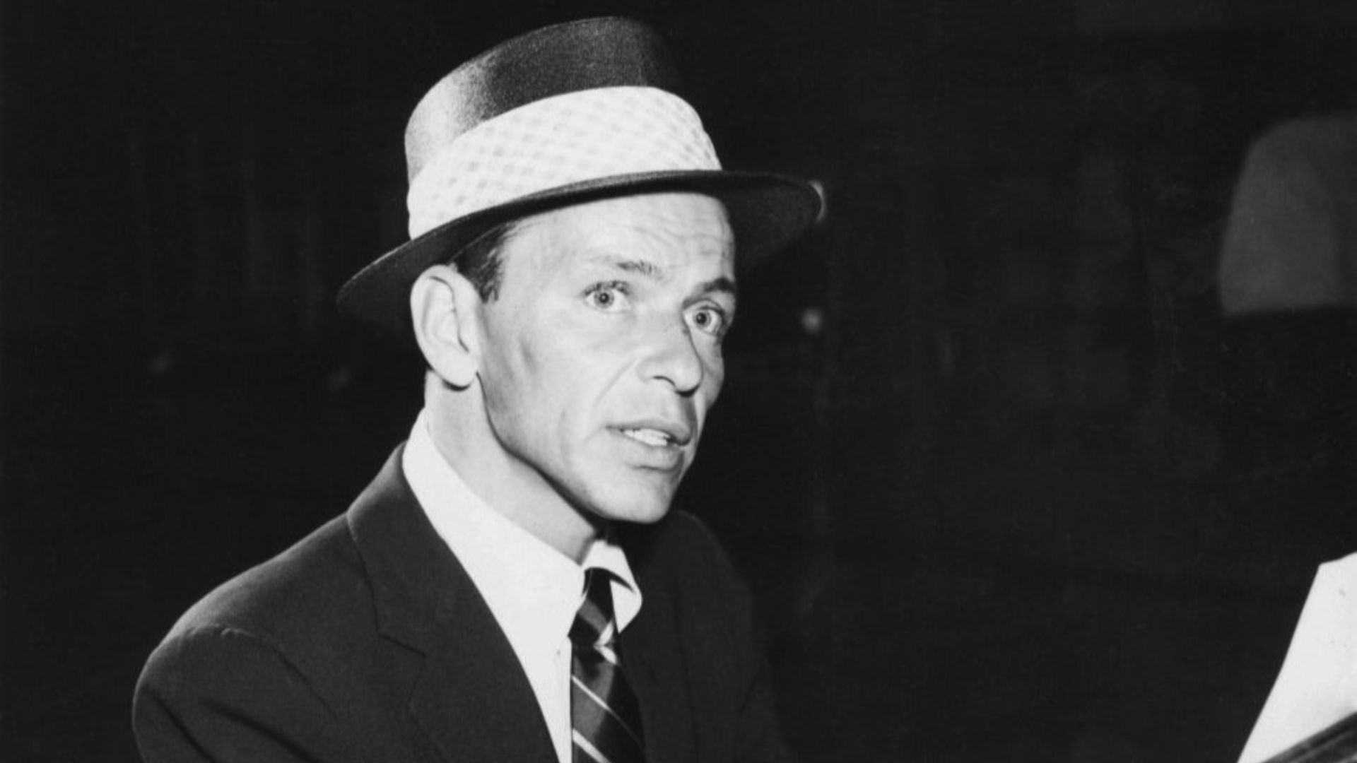 Photo of Frank Sinatra in the role of the Stage Manager for a television production of ‘’Our Town’’ in 1955, which was presented on ‘’Producers’ Showcase’’.