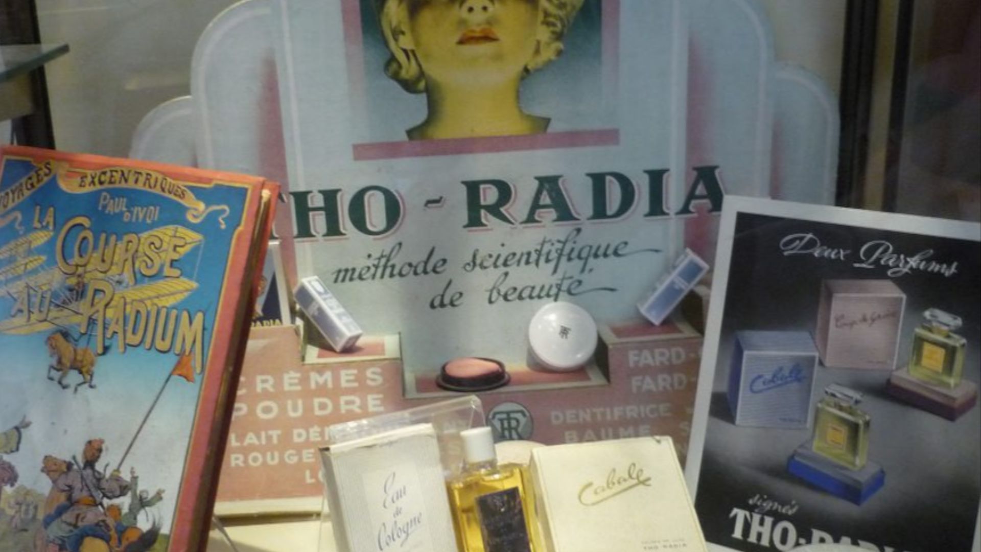 Care cosmetics containing Radium; reproduction of products sold in the first part of the 20th century – Marie Curie Museum Paris.