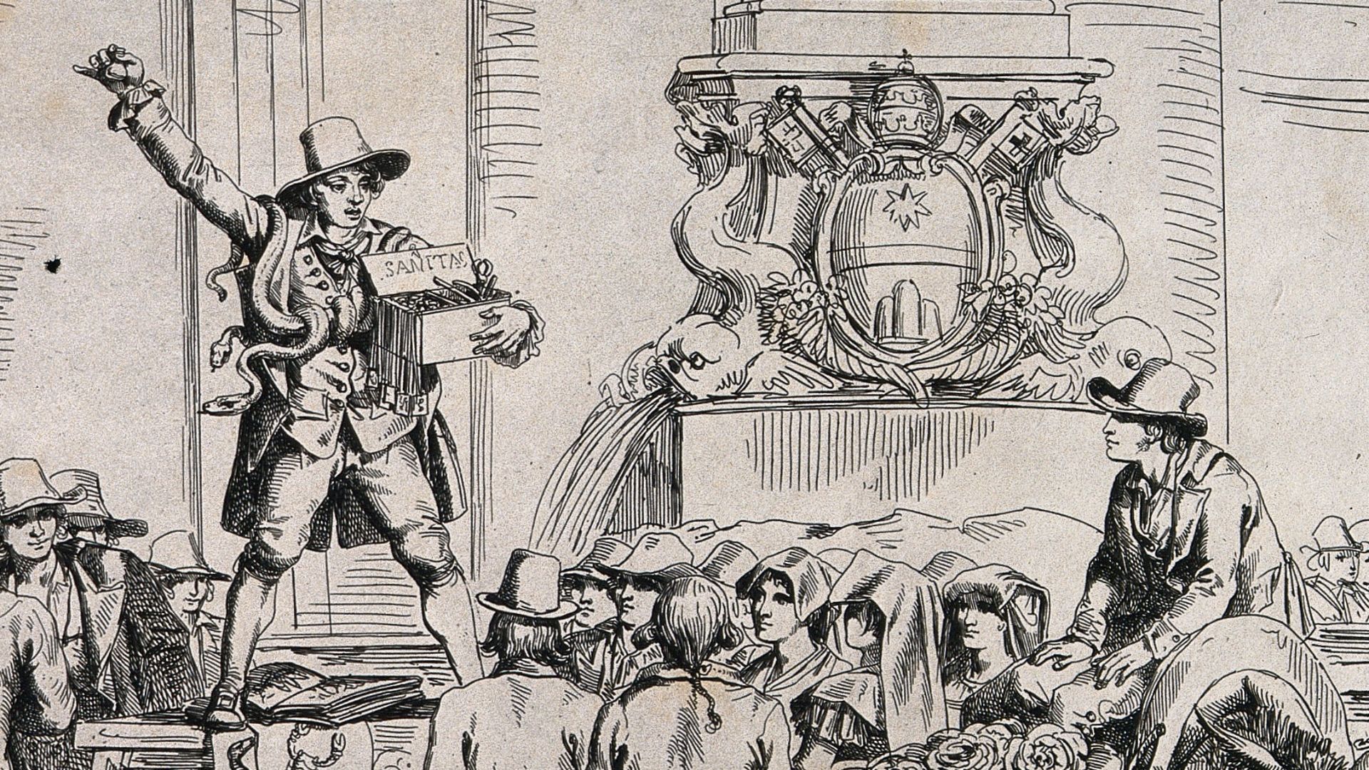 An itinerant salesman adorned with snakes selling trinkets/charms to a group of people at a market. Etching by B. Pinelli, 1821, after himself.
Iconographic Collections
Keywords: Bartolomeo Pinelli