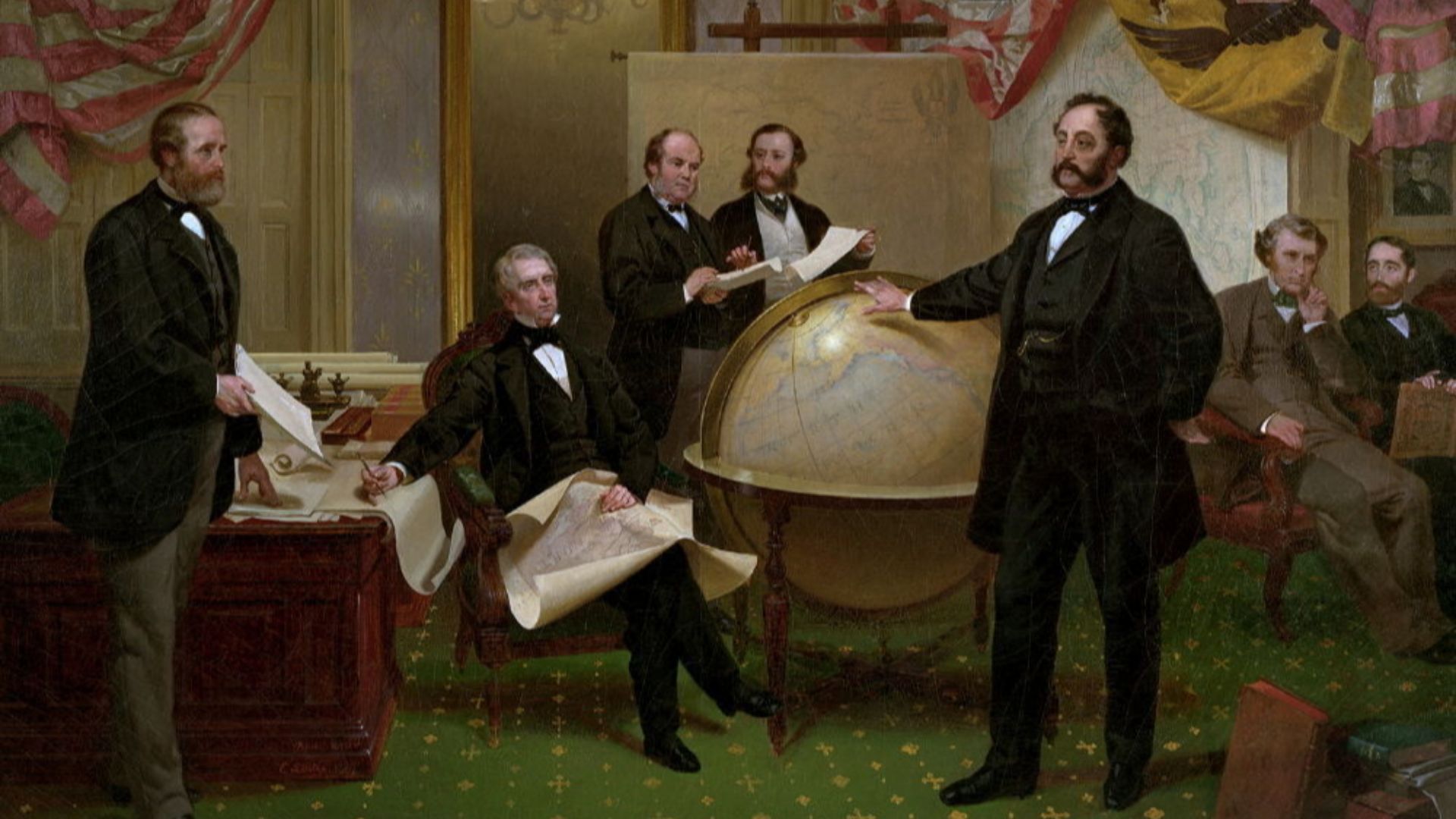 Signing the Alaska Treaty of Cessation, L. to R. Robert S. Chew, Secretary of State (USA) William H. Seward, William Hunter, Mr. Bodisco, Russian Ambassador Baron de Stoeckl, Charles Sumner, Fredrick W. Seward, William H. Seward House,  Auburn, New York