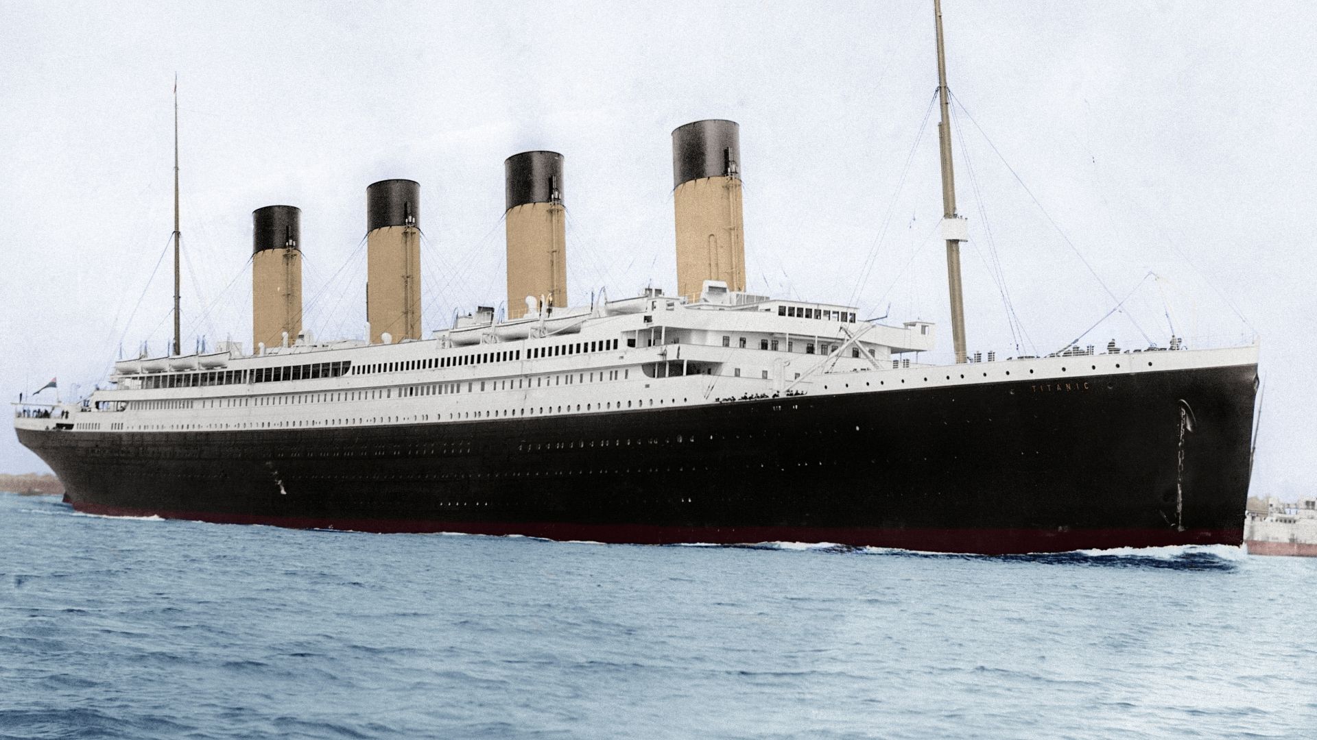 Colorized photograph of the RMS Titanic preparing to depart from Southampton to go to pick up passengers at Cherbourg, before starting her maiden voyage to New York.