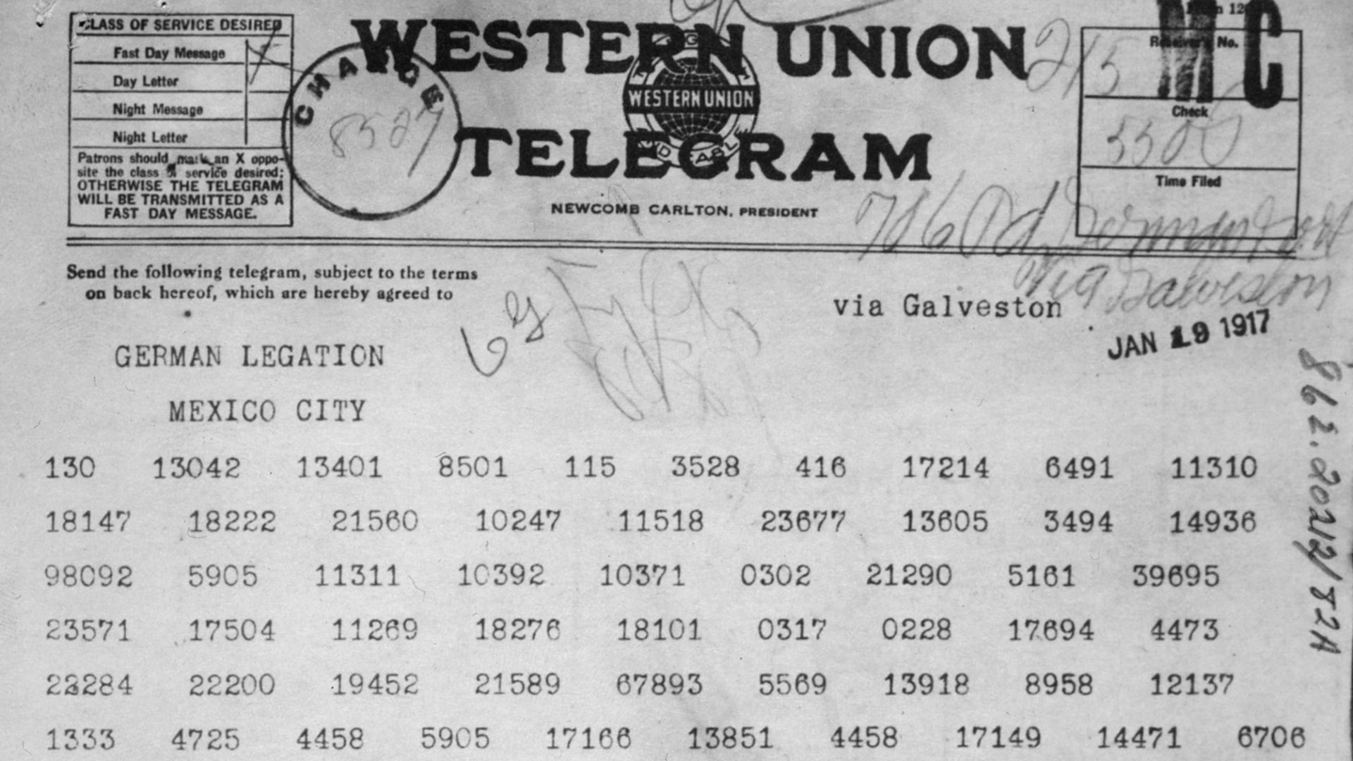 Scope and content:  This telegram was sent by German Foreign Minister Arthur Zimmermann to the President of Mexico proposing a military alliance against the United States. In return for Mexican support in the war, Germany would help Mexico regain New Mexi