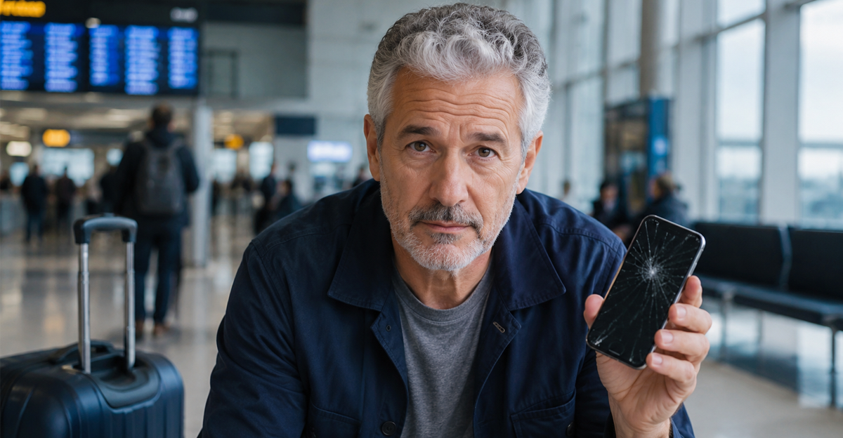 Man with white hair, holding broken phone in airport