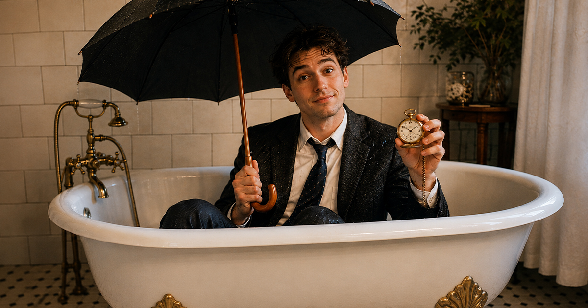 Man in a suit sitting in a bathtub