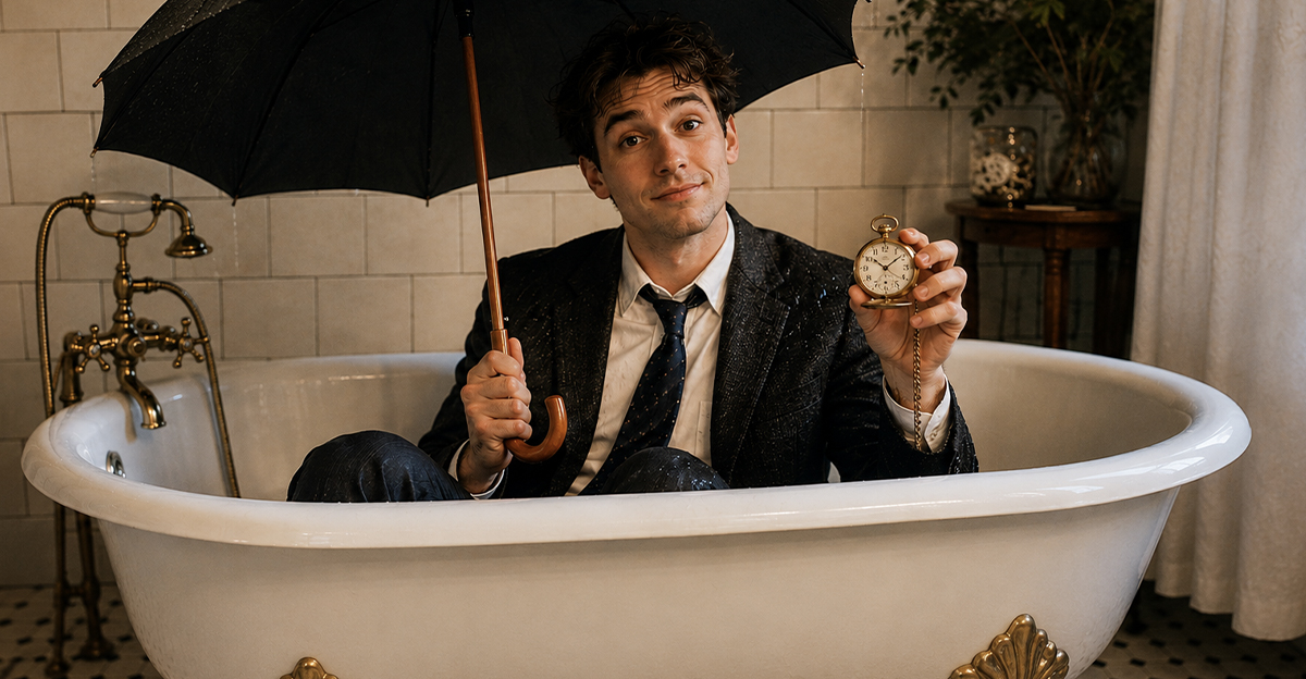 Man in a suit sitting in a bathtub