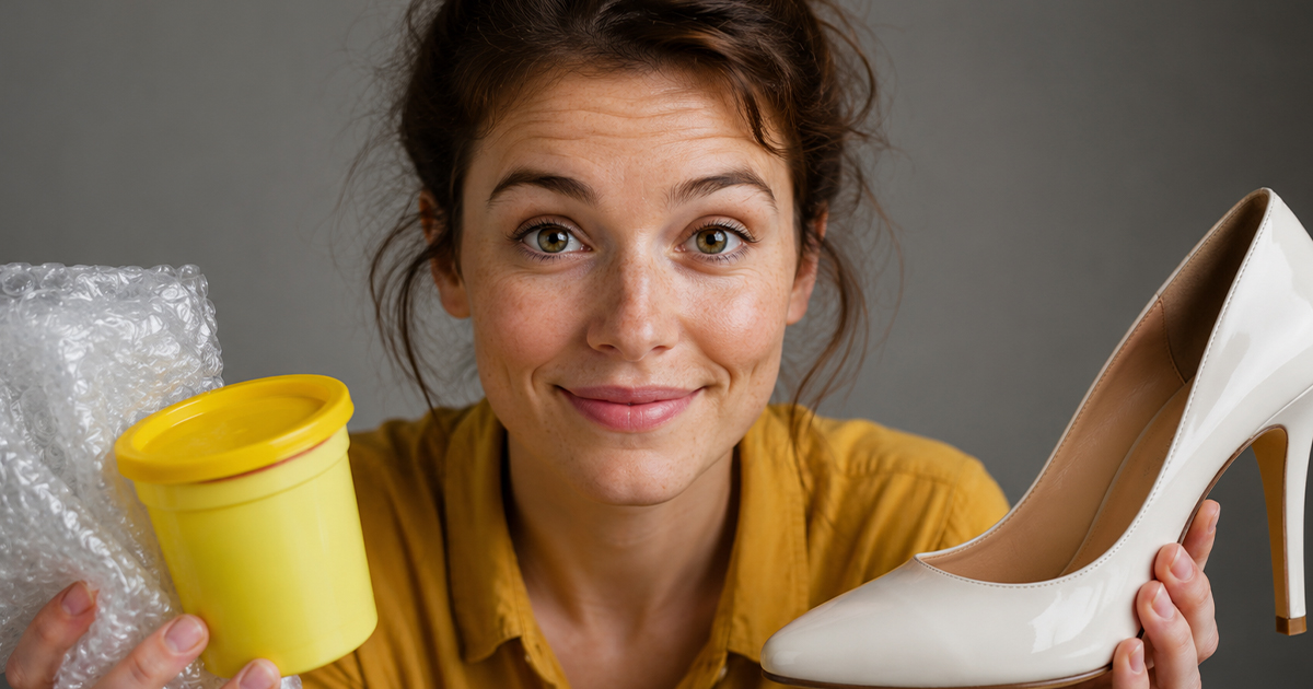 A woman smiling holding a shoe