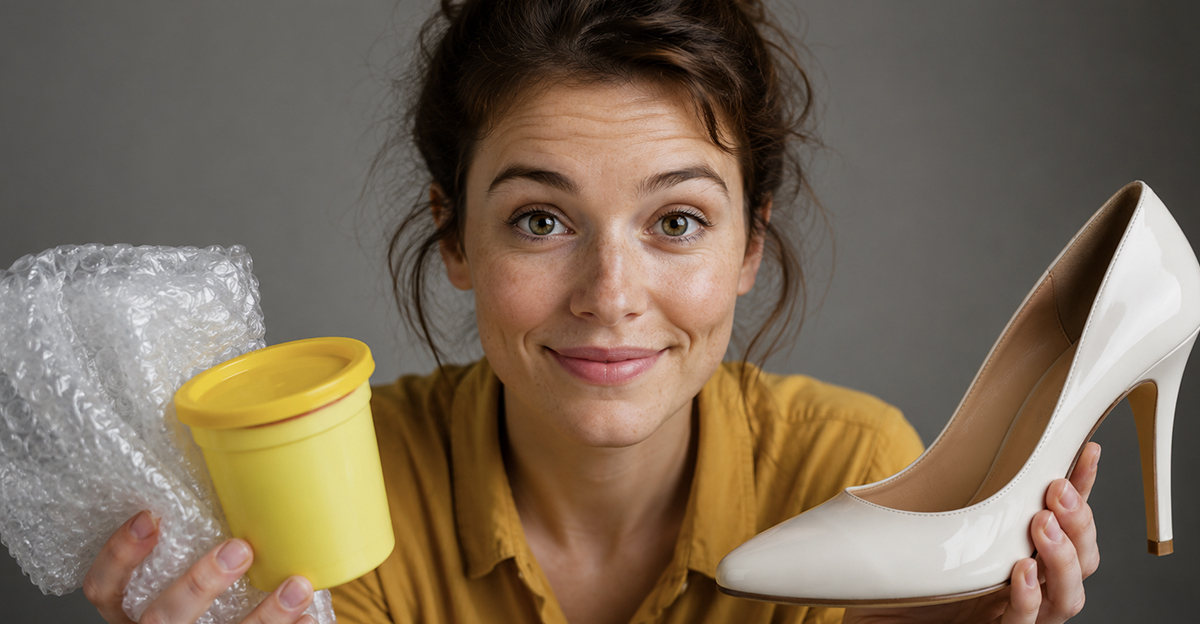 A woman smiling holding a shoe