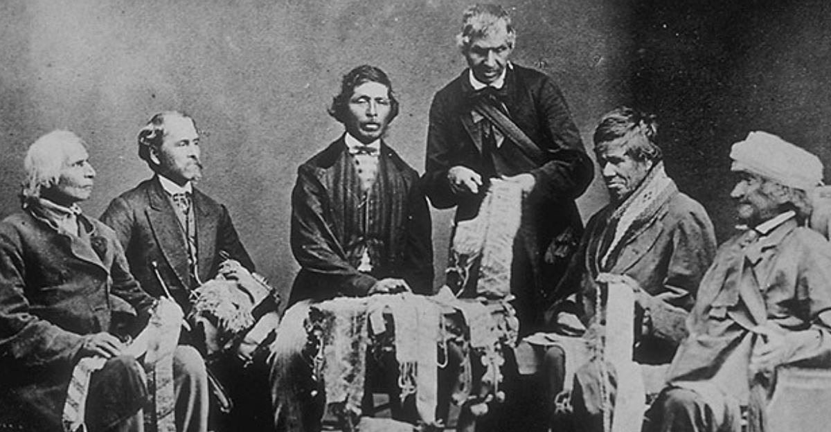 Iroquois Chiefs from the Six Nations Reserve reading Wampum belts in Brantford, Ontario