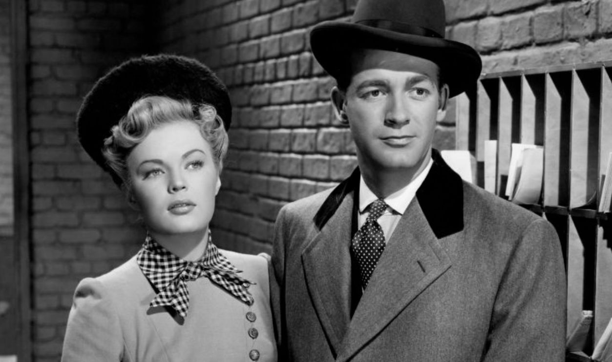 June Haver (1926-2005) as 'Katie McCullem' and Mark Stevens (1916-1994) as 'Joseph E Howard' in a scene from the movie 'I Wonder Who's Kissing Her Now', 1947, United States.