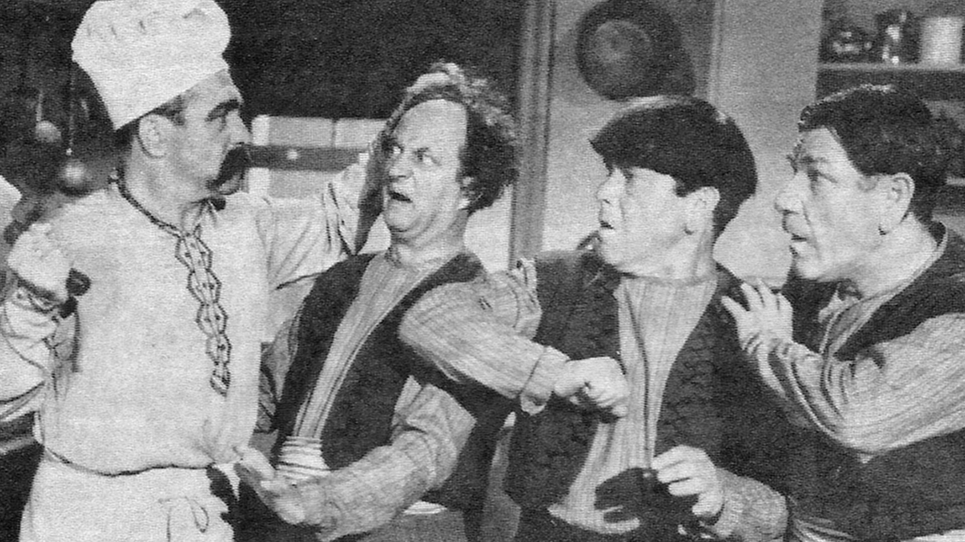 Rescued dialogue from Jules White’s copy of the script is; Larry enters. Curly puts on his fez, removes his apron and Larry says, “One rabbit, one hotdog!” Curly“Fix it yourself! I’m going to lunch!” Larry: “Lunch?” Curly; “Soitenly! You don’t think I’d e