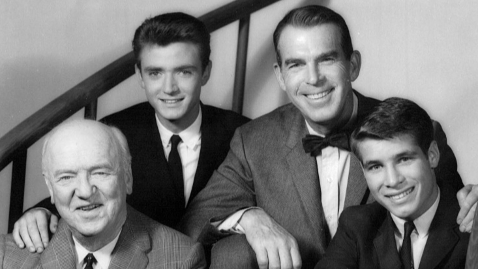 Publicity photo for the 3rd season premiere of My Three Sons. Clockwise from left: William Frawley as Bub, Tim Considine as Mike, Fred MacMurray as Steve,  Don Grady as Robbie, and Stanley Livingston as Chip from My Three Sons.