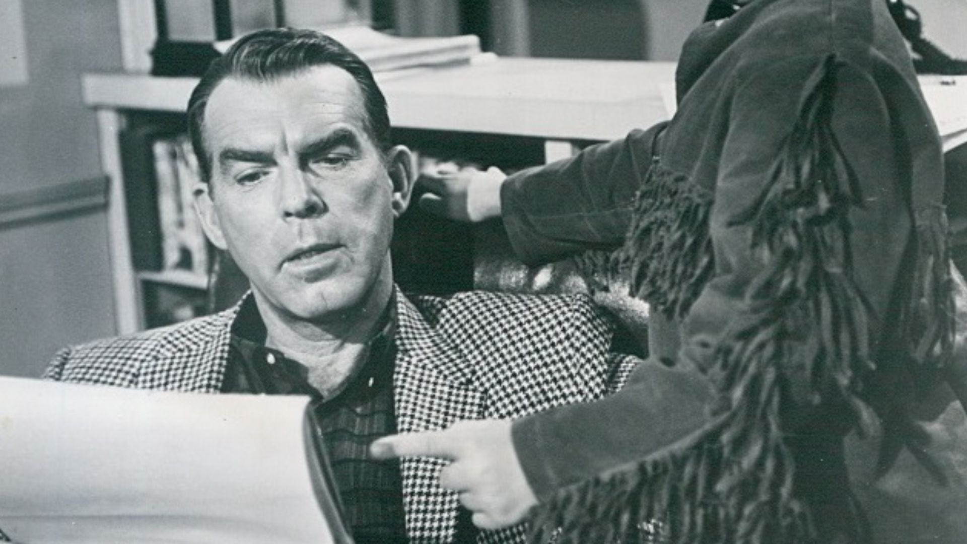 Actors Fred MacMurray and Stanley Livingston in a publicity photograph for the television series My Three Sons, Season 1, Episode 19 (Organization Woman), 1961
