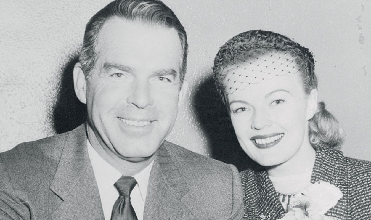 (Original Caption) Actor Fred MacMurray and his wife actress June Haver, shown at a press conference this afternoon, 1/12, were among the guests at the William Penn Hotel when a small fire started in the incinerator this evening. Firemen kept the fire from spreading and there was a very little damage. The MacMurrays are here on a personal appearance tour.