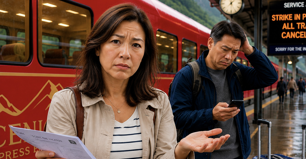 AI-generated image of a couple worried about a strike disrupting their train vacation.
