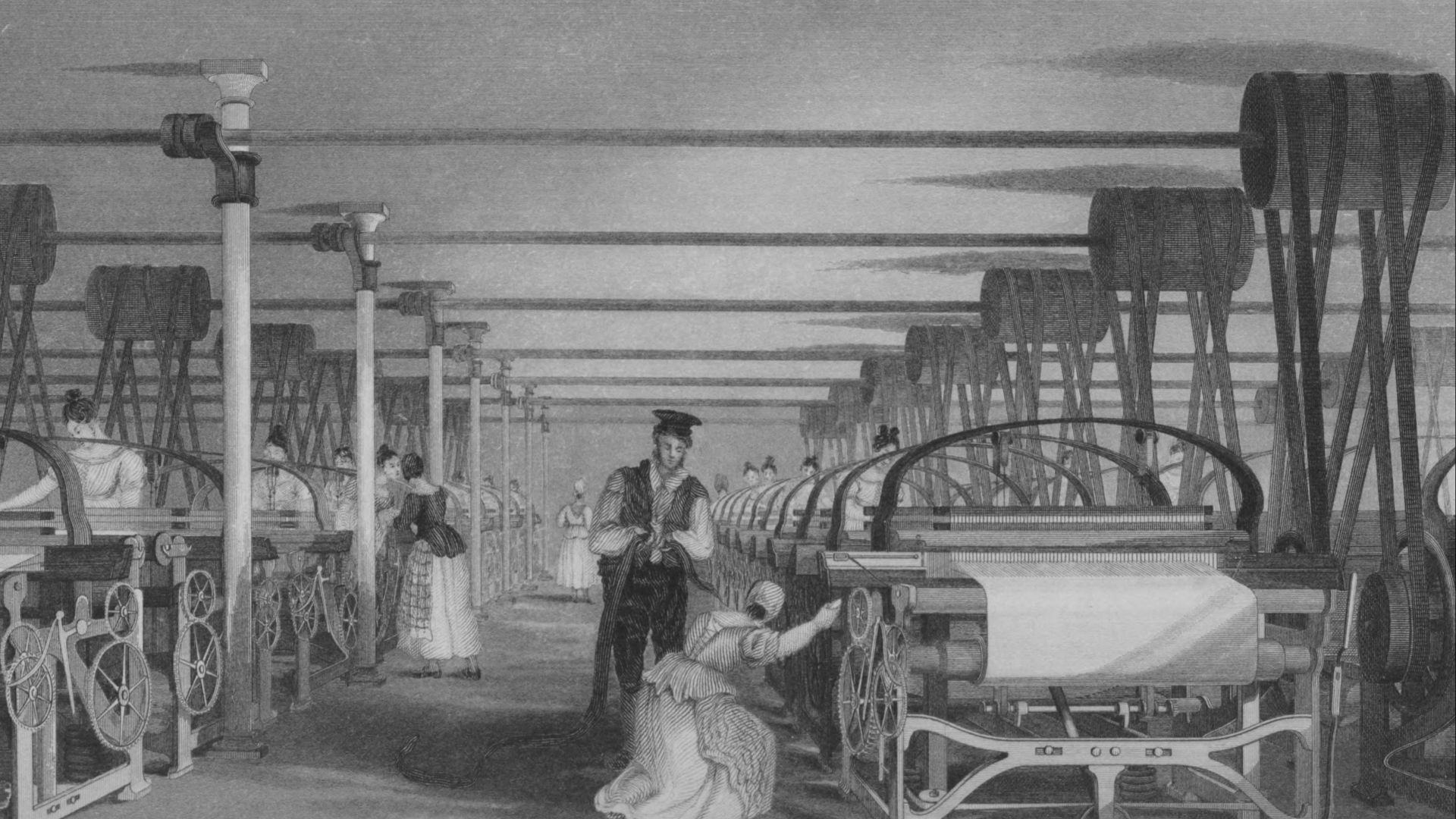 Illustration of power loom weaving.