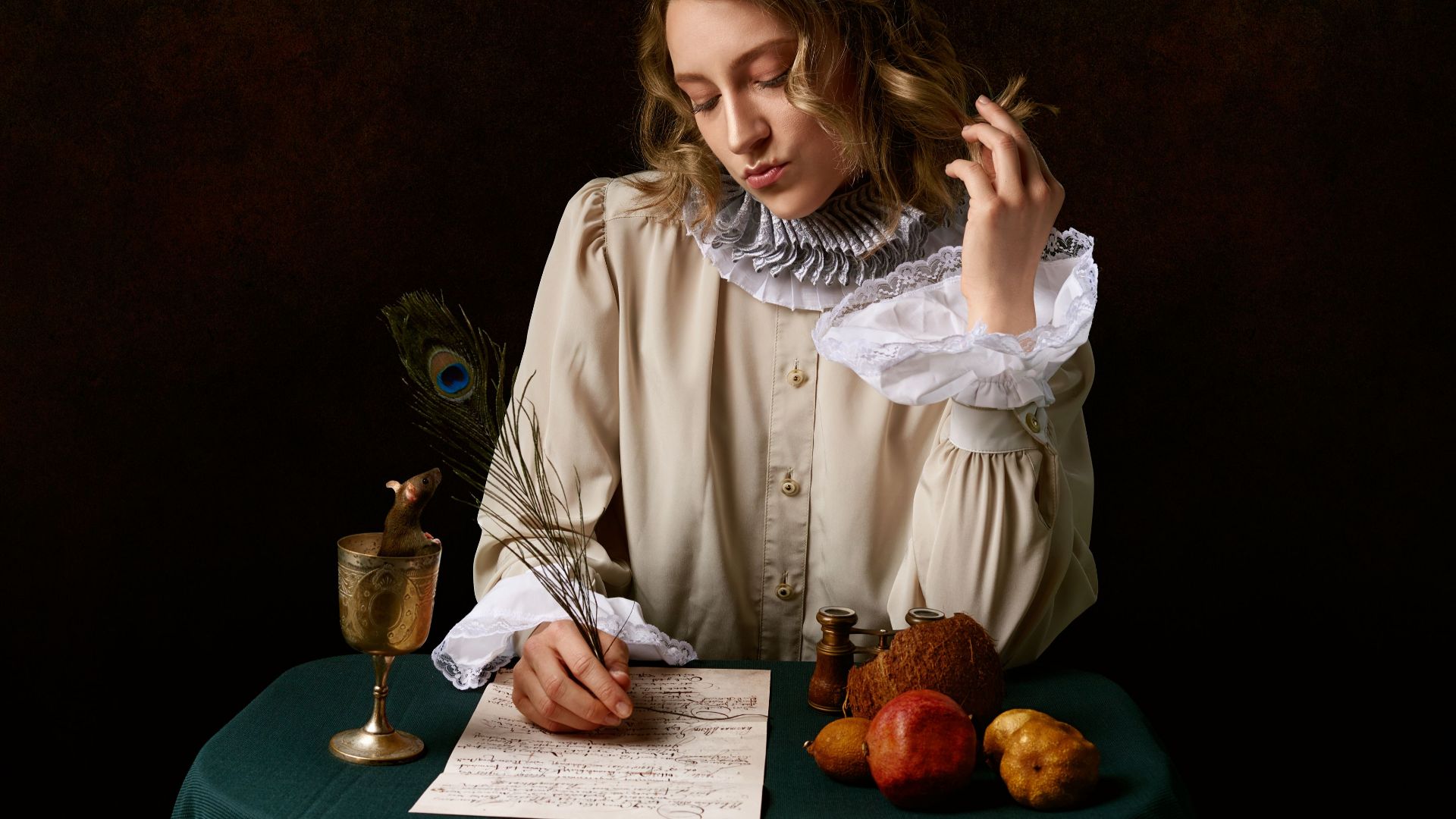 Elegant woman in vintage attire writing with a feather quill, evoking a historical setting.