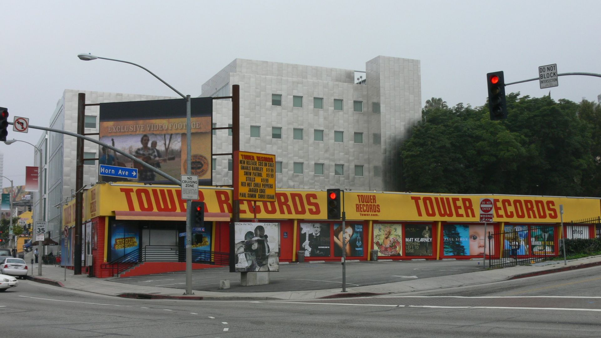 Tower Records Sunset, 8801 West Sunset Blvd., West Hollywood, California. The metallic building behind Tower (8833 Sunset) houses a number of IAC/InterActiveCorp subsidiaries including Citysearch, Evite, and Gifts.com. This location was closed in December