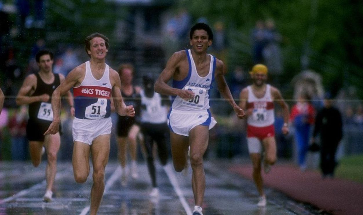 Undated: Steve Scott and Joachim Cruz of Brazil run in a race during the Prefontaine Classic.