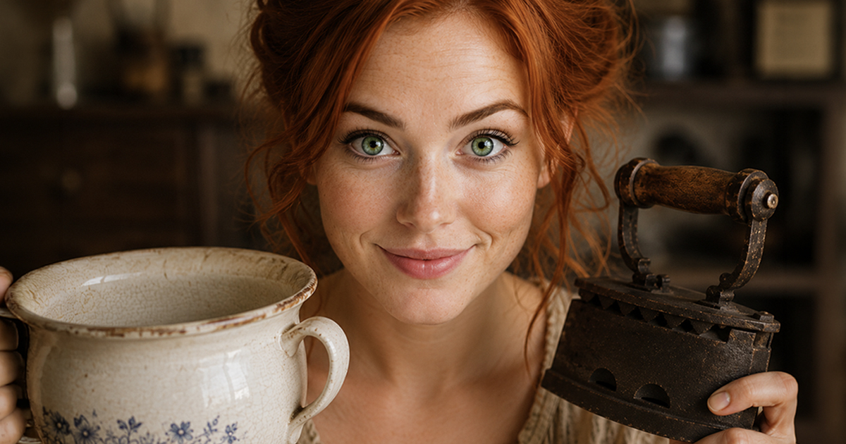 Woman holding old household items