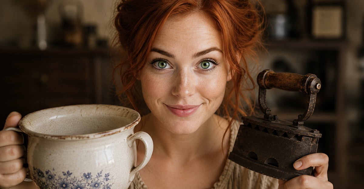 Woman holding old household items