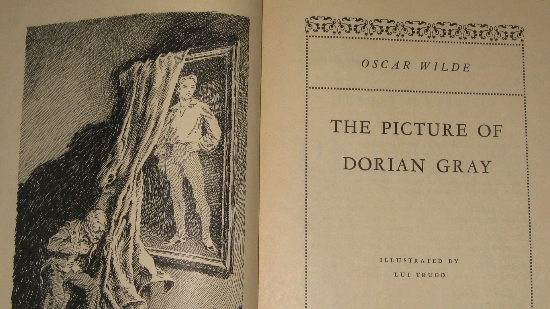 Inside the cover of Oscar Wilde's The Picture of Dorian Gray as published by Three Sirens Press in 1931.