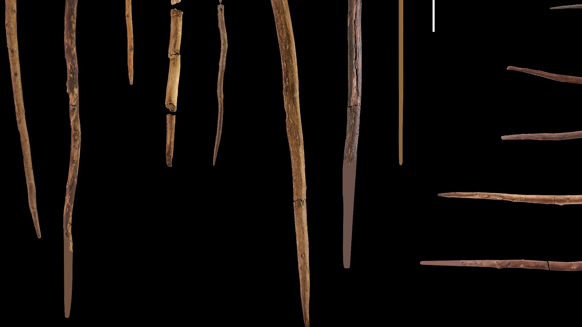 Schöningen, Lower Saxony, Lower Palaeolithic site, eight spears (I-VII, X) and six double-pointed sticks (DPS) from Schöningen 13 II-4 excavated until 2008. Note: Former spears VIII and IX (7) are now classified as point fragments. Spear fragments are sup