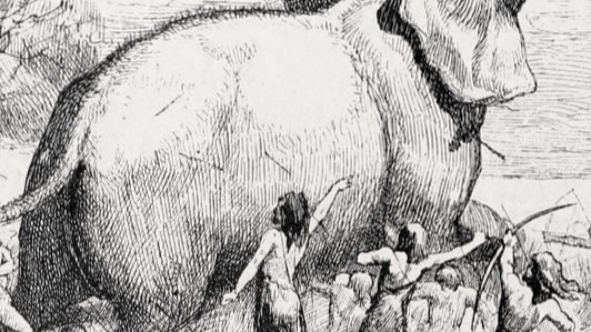 Fanciful restoration of a Columbian mammoth hunted by Palaeoamericans.