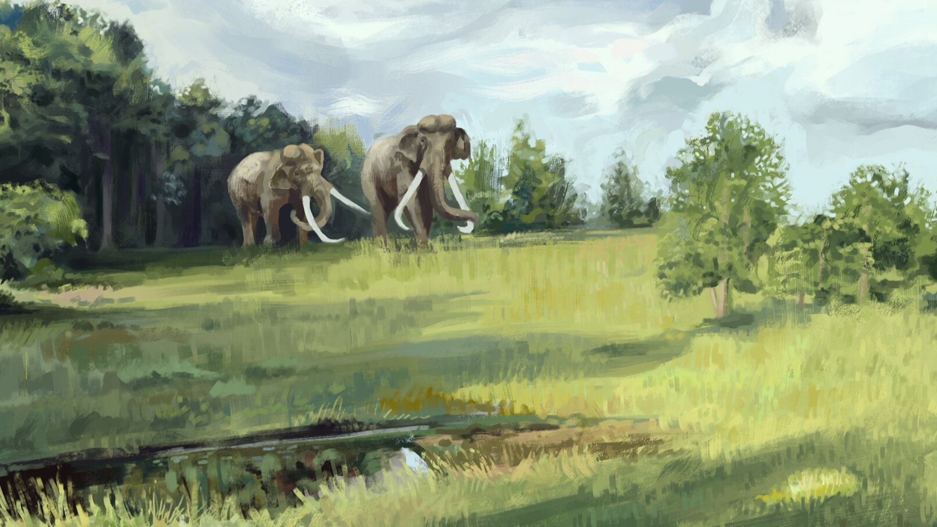 Painting of a straight tusked elephant (Palaeoloxodon antiquus) during the early temperate period of the Eemian interglacial in an environment characterised by