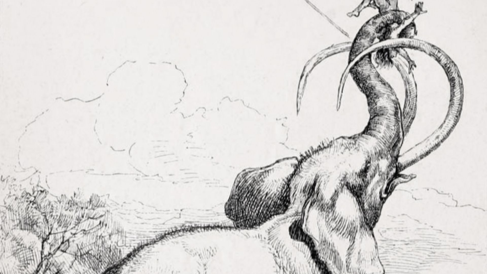 Fanciful restoration of a Columbian mammoth hunted by Palaeoamericans.