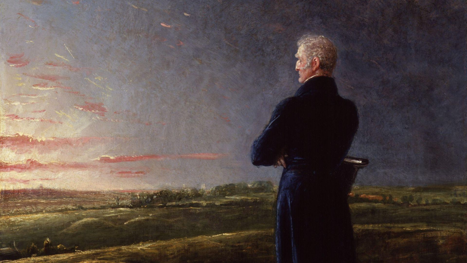 Arthur Wellesley, 1st Duke of Wellington, overlooking the rolling field at Waterloo at sunrise, a companion piece to Napoleon Bonaparte on St Helena gazing across the sea at sunset. See website for additional information.